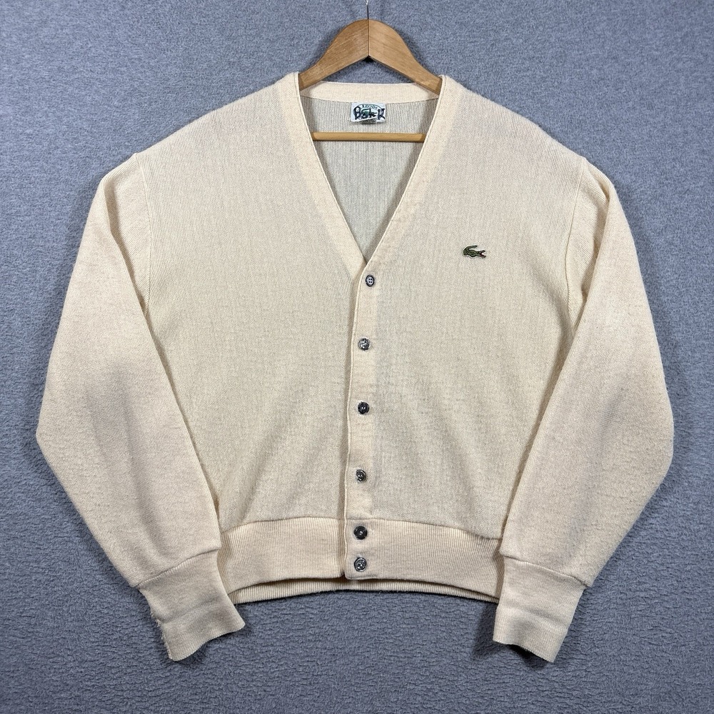 Vtg 80s Izod Lacoste Cardigan Sweater Mens Large Cream White Acrylic USA Made